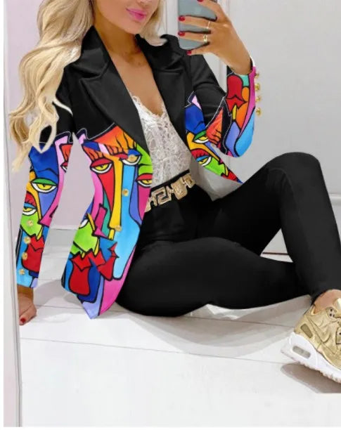Women's Casual Striped Printed Suit, Office Lady Coat and Pant Set, Elegant Fashion Long Sleeve Top, Trousers, Two Piece Set, Female Outfit, 2023
