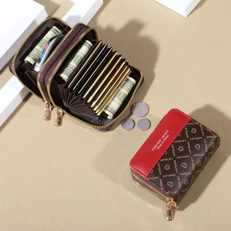 Mini faux leather wallet with double zipper, compact classic pouch, multiple card slots, matching pocket, RFID protection, chic 