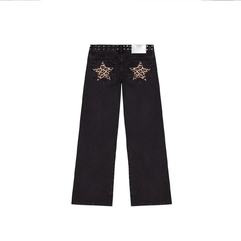 Spanish street fashion ONE DILEMMA Style Rivet five-pointed star pattern white jeans women's autumn straight slim pants