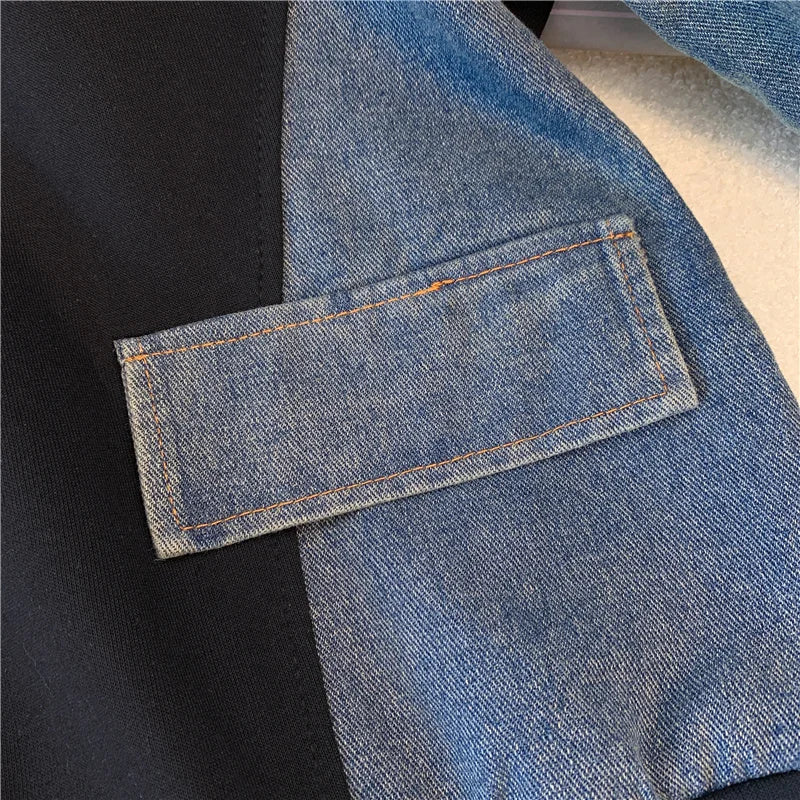 Ensemble pantalon en Denim, col montant, Patchwork, manteaux de rue, hauts à jambes larges, jean gothique droit, Vintage, ensemble deux pièces Simple