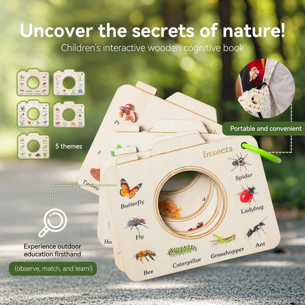 Livre en bois Montessori, jouets éducatifs, animaux d'extérieur, plantes, Puzzle cognitif, jouets pour enfants de 0 à 12 mois