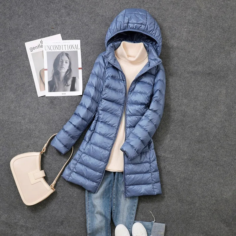 Femme printemps rembourré à capuche longue veste blanc canard vers le bas femme pardessus Ultra léger mince solide vestes manteau Portable Parkas
