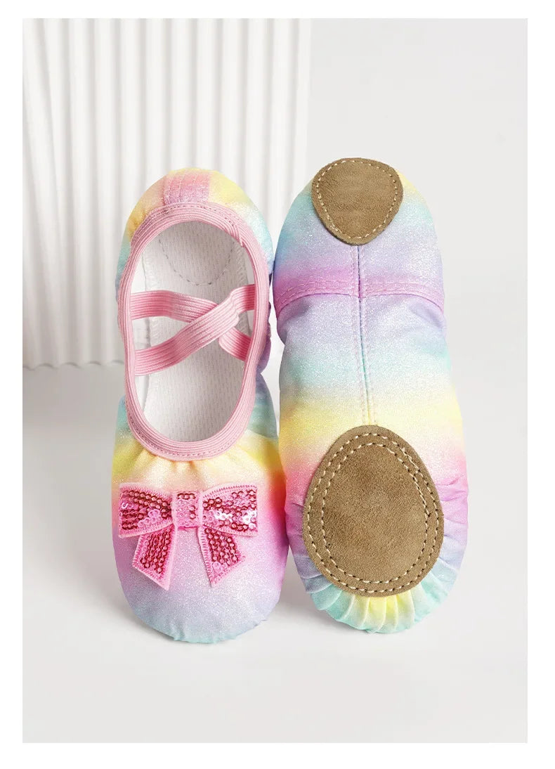 Chaussures de danse pour enfants filles ballerines chaussures arc-en-ciel nœud paillettes en cuir à semelles souples danse Performance Skate Sport chaussures de Yoga