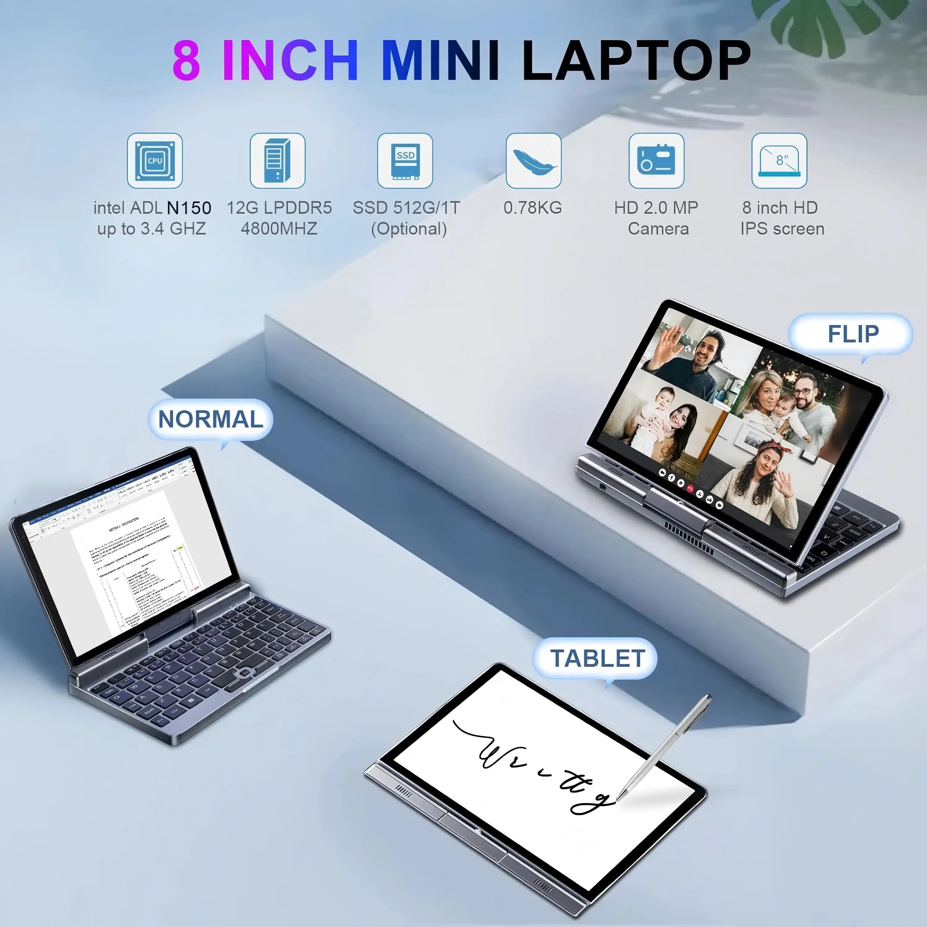 Mini ordinateur Portable windows 11 8 pouces écran tactile ordinateur Portable N150 12GB + 1 to IPS Netbook Win 11 Pro Mini PC Micro ordinateur