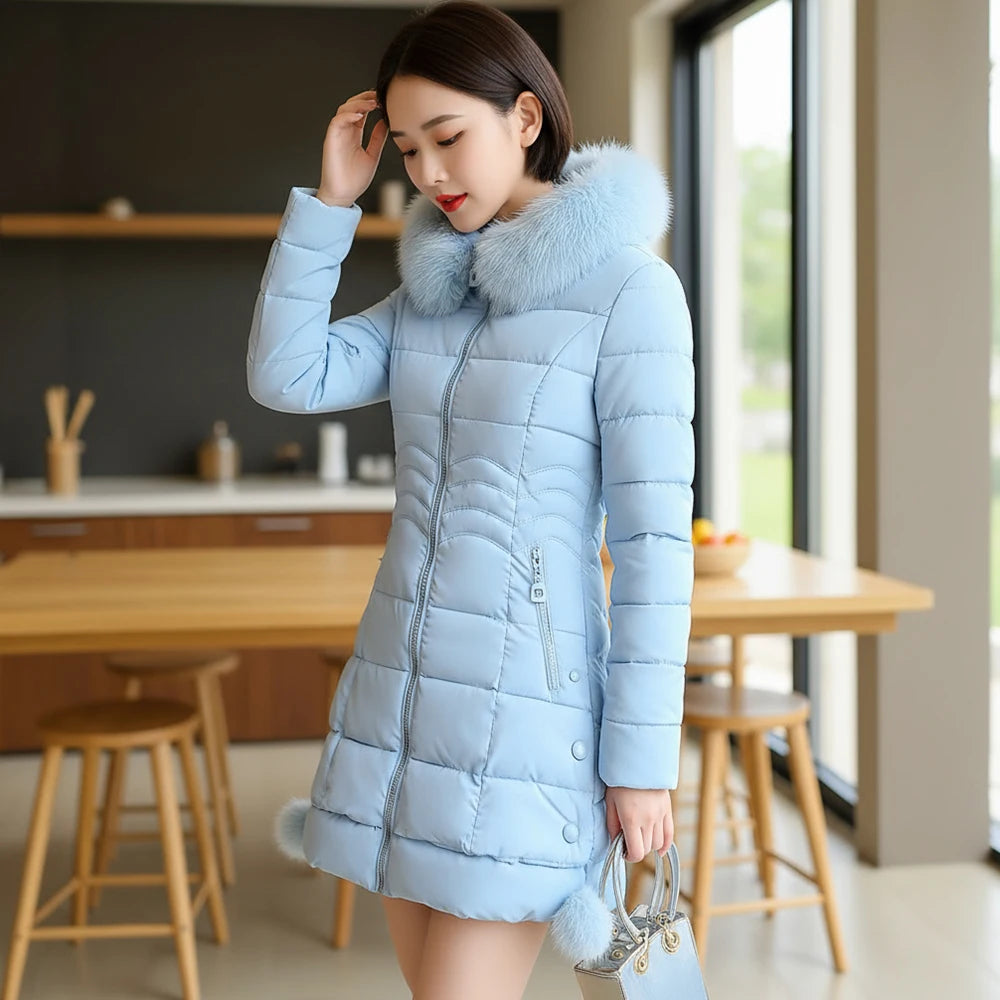 Women's autumn and spring puffer jacket, solid color, long sleeves, high collar, design with faux fur collar, zipper closure, 2025