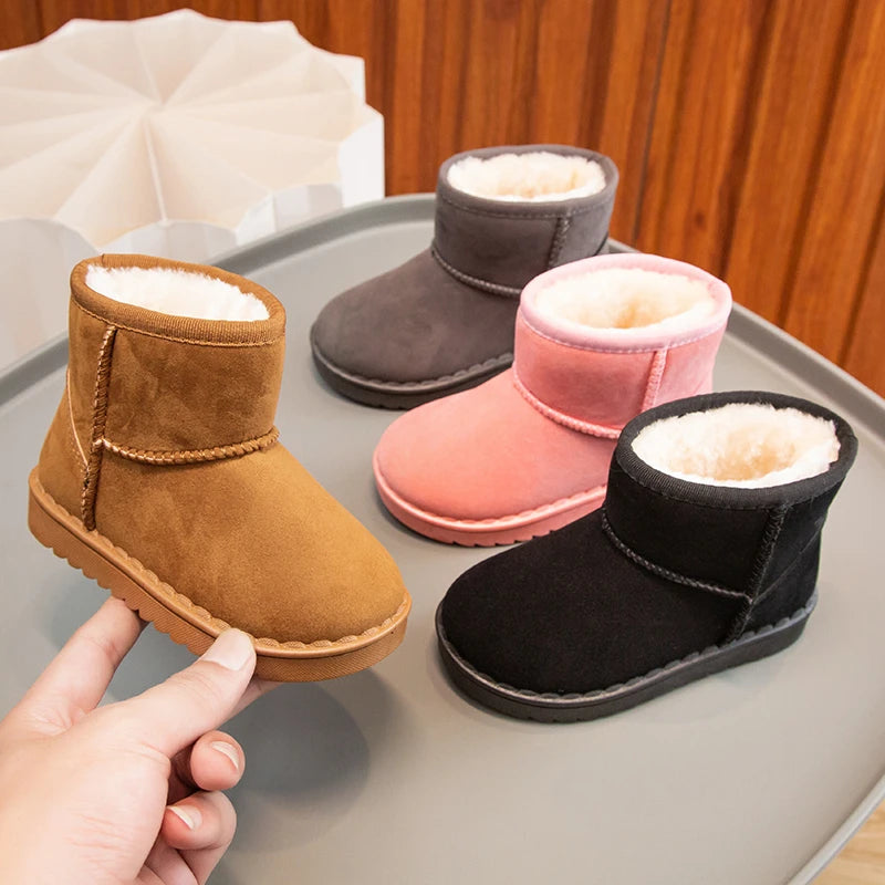 Bottes de neige pour enfants, Style concis, peluche épaisse, bottes courtes d'hiver pour enfants, couleur unie, chaussures classiques unisexes à enfiler pour garçons et filles 23-36