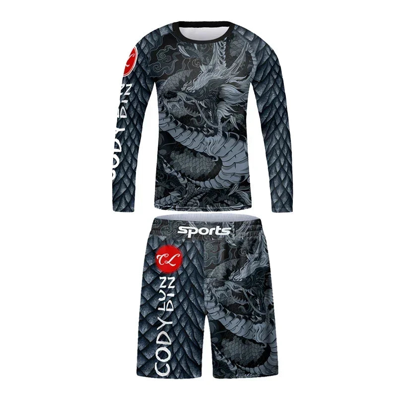 Vêtements de sport à compression pour enfants, survêtement de course pour garçons, ensemble t-shirt et pantalon Muay Thai, MMA BJJ Training Sportedly