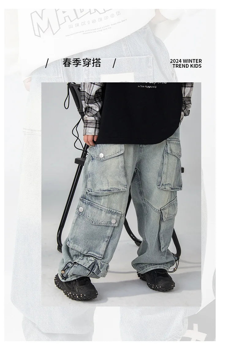 Jean ample à jambes larges pour garçons, pantalon de travail pour enfants moyens et grands, coupe confortable, printemps-automne