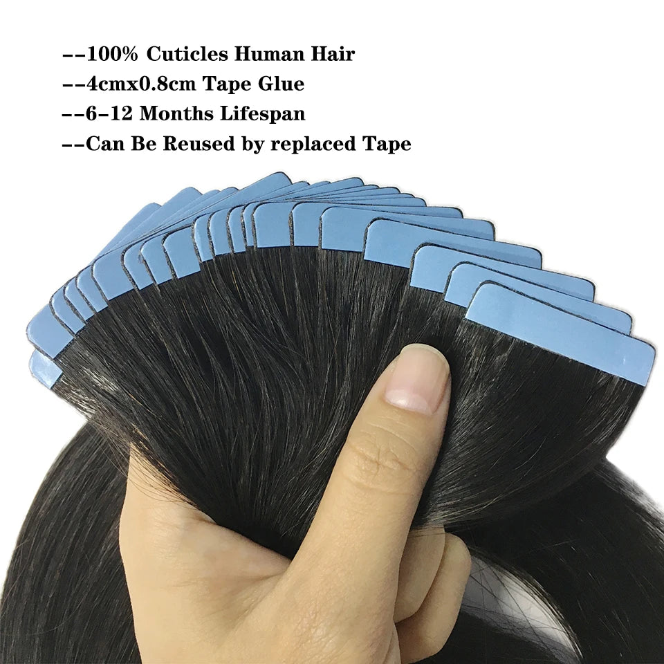 Bande dans les Extensions de cheveux humains droits Extensions adhésives de cheveux brésiliens trame de peau noir brun 100% vrais cheveux humains pour les femmes
