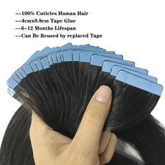 Bande dans les Extensions de cheveux humains droits Extensions adhésives de cheveux brésiliens trame de peau noir brun 100% vrais cheveux humains pour les femmes