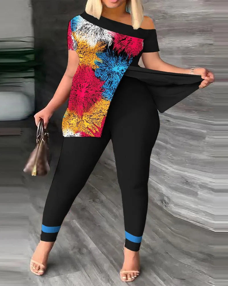 Women's Printed 2 Piece Set, Irregular Slanted Collar Split Top Short Sleeve Long Pants Colorful Outfit Fashion Women Pant Suit