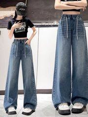 Jean ample à jambes larges, taille haute, bleu clair, grande taille, taille élastique, pantalon Dstring, pantalon Long amincissant