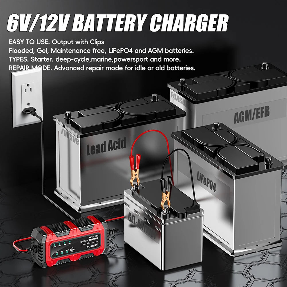 6V 12V 1.5A Electric Car Battery Charger, for Electric Motorcycles, Smart, for Car, Truck, Boat, SUV, AGM GEL Lead-Acid Batteries