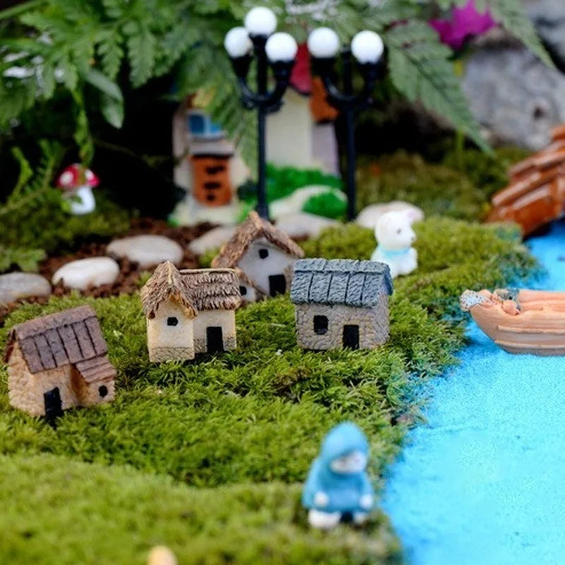 Figurine Miniature de maison, accessoire de jardin féerique, décoration de maison, Statue de construction d'animaux de dessin animé, voiture de poupée artisanale en résine, 4 pièces