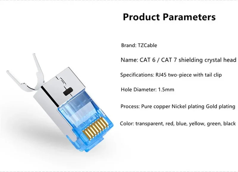 RJ45 CAT7 Ethernet connector, 50U 8P8C shielded Cat 7 network connector, 1.5mm wire diameter with boot