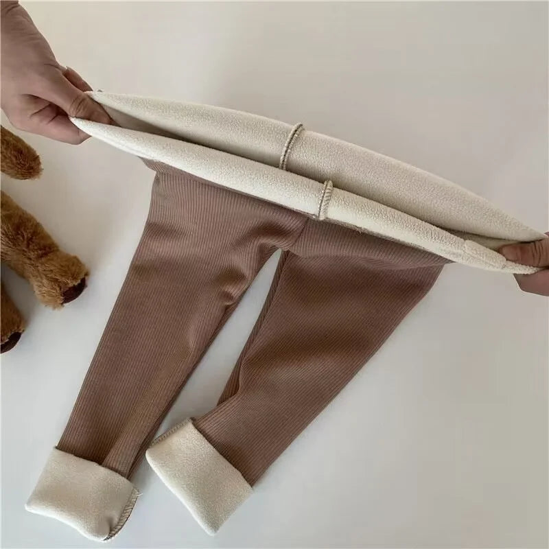 Girls' fleece-lined leggings, warm winter stretch pants with bear patch, soft pants for children aged 1-6 years