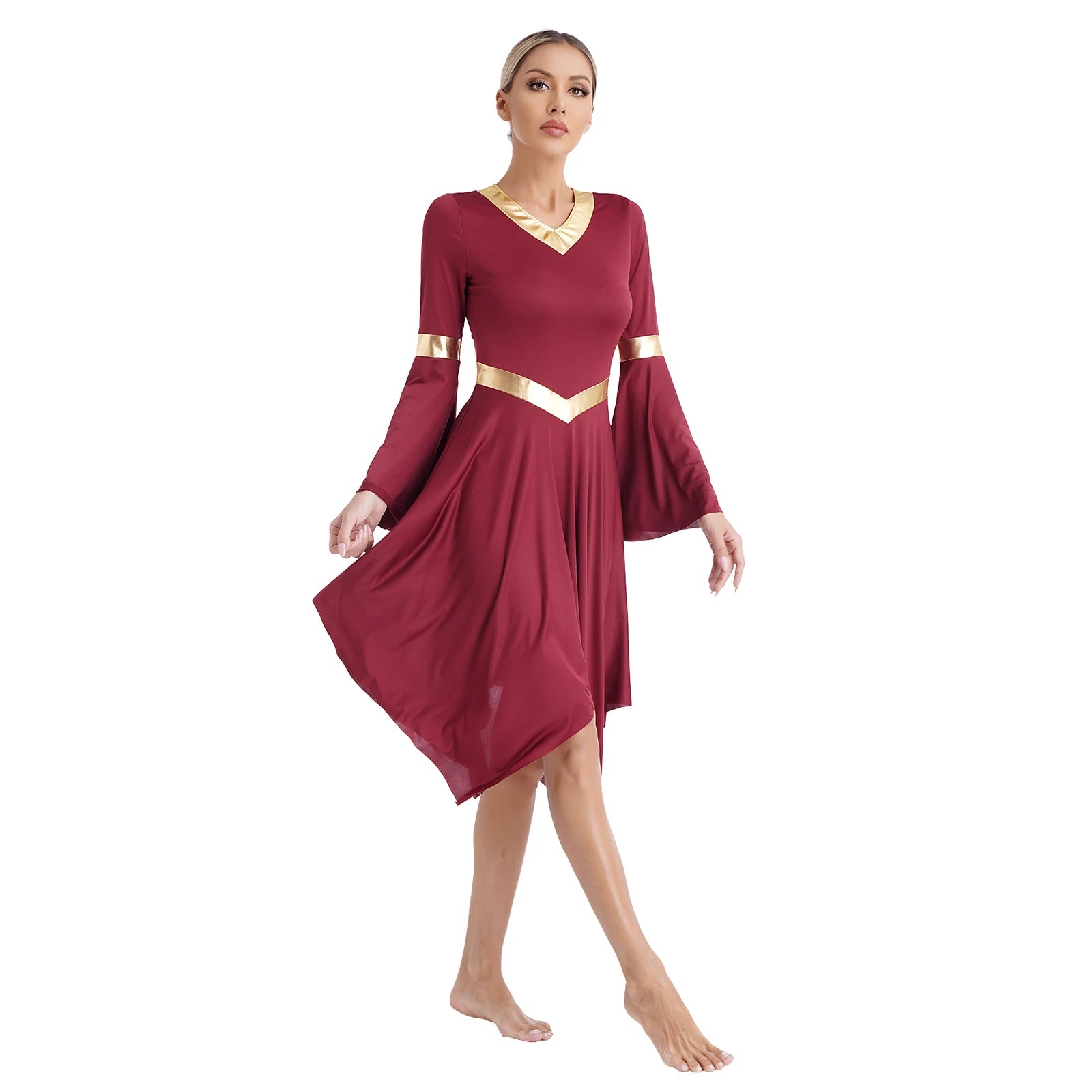 Robe de danse lyrique à manches longues pour femmes, robe à ourlet irrégulier, costume de spectacle liturgique, vêtements de danse modernes, culte de la chorale d'église