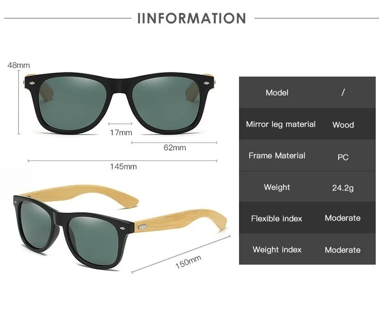 Lunettes de soleil en bois de bambou à la mode pour hommes et femmes, classiques carrées, Vintage, pour la conduite, noires, pour la pêche, UV400