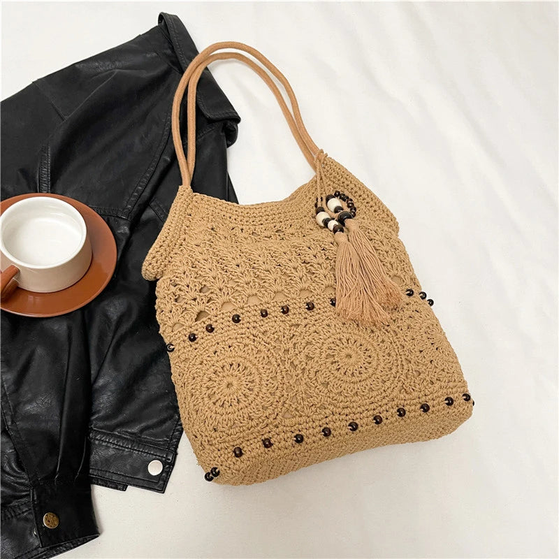 Sac à main tissé de grande capacité, sac à bandoulière ajouré, fourre-tout en Crochet, fourre-tout bohème tissé pour femmes, sacs de Shopping tricotés