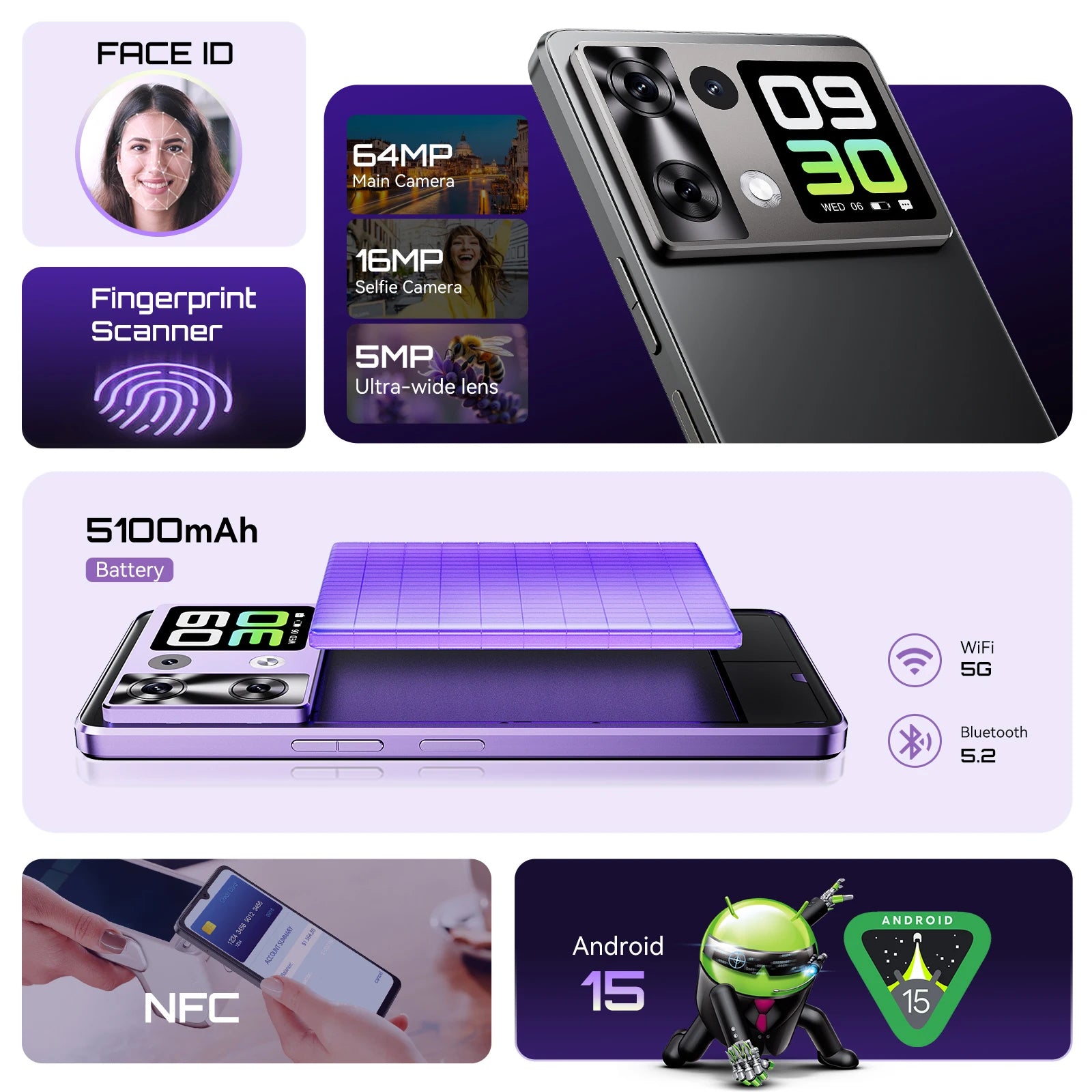 Smartphone Android 15 Cubot P90, écran 6,88 pouces 120 Hz, 24 Go  RAM (12 + 12 Go étendus), 256 Go ROM, processeur G100 Octa-core 2,2 GHz, appareil photo 64 MP, 5100 mAh, NFC, double haut-parleur, telephone portable 4G