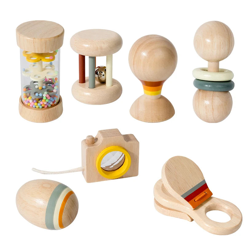 Ensemble de jouets en bois pour nourrissons et tout-petits, jouets d'écoute et de préhension, hochets, barils de pluie, hochets, cadeaux de vacances pour bébé, 7 pièces
