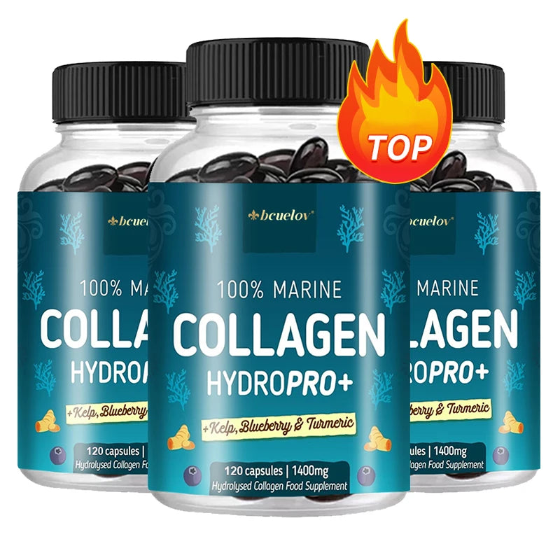 Puissant collagène marin - avec varech, myrtille et curcuma - 1400 mg Supplément de collagène hydrolysé pour cheveux, peau et ongles sains