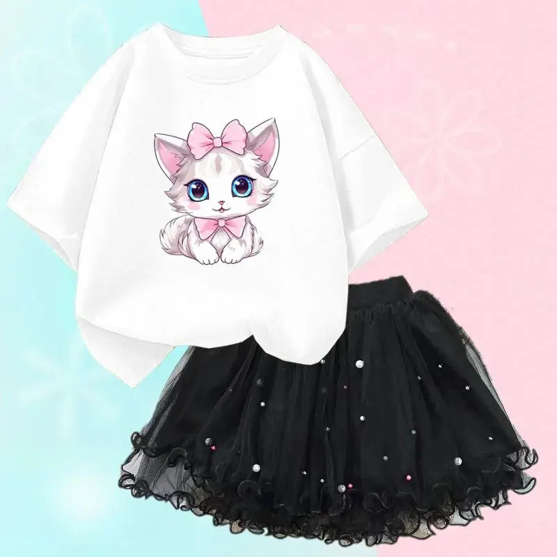 Tenues d'été mignonnes pour filles, T-shirt chat dessin animé et jupe tutu, vêtements de princesse pour filles, vêtements d'anniversaire pour enfants, 2 pièces/ensemble