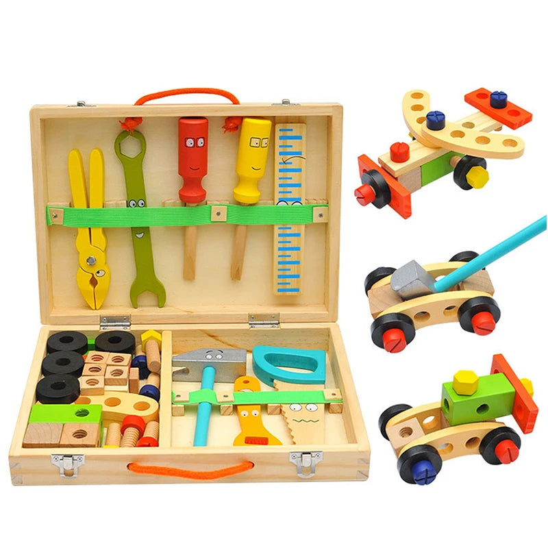 Jouets éducatifs Montessori pour enfants, boîte à outils en plastique et bois, ensemble de jeu de Simulation, assemblage de vis d'écrou, outil de charpentier de Simulation