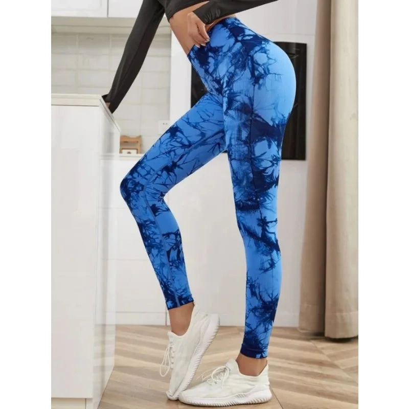 Leggings taille haute sans couture pour femmes, teinture par nouage, Fitness, sport, course à pied, pantalons de Yoga, levage des hanches, collants tricotés élastiques
