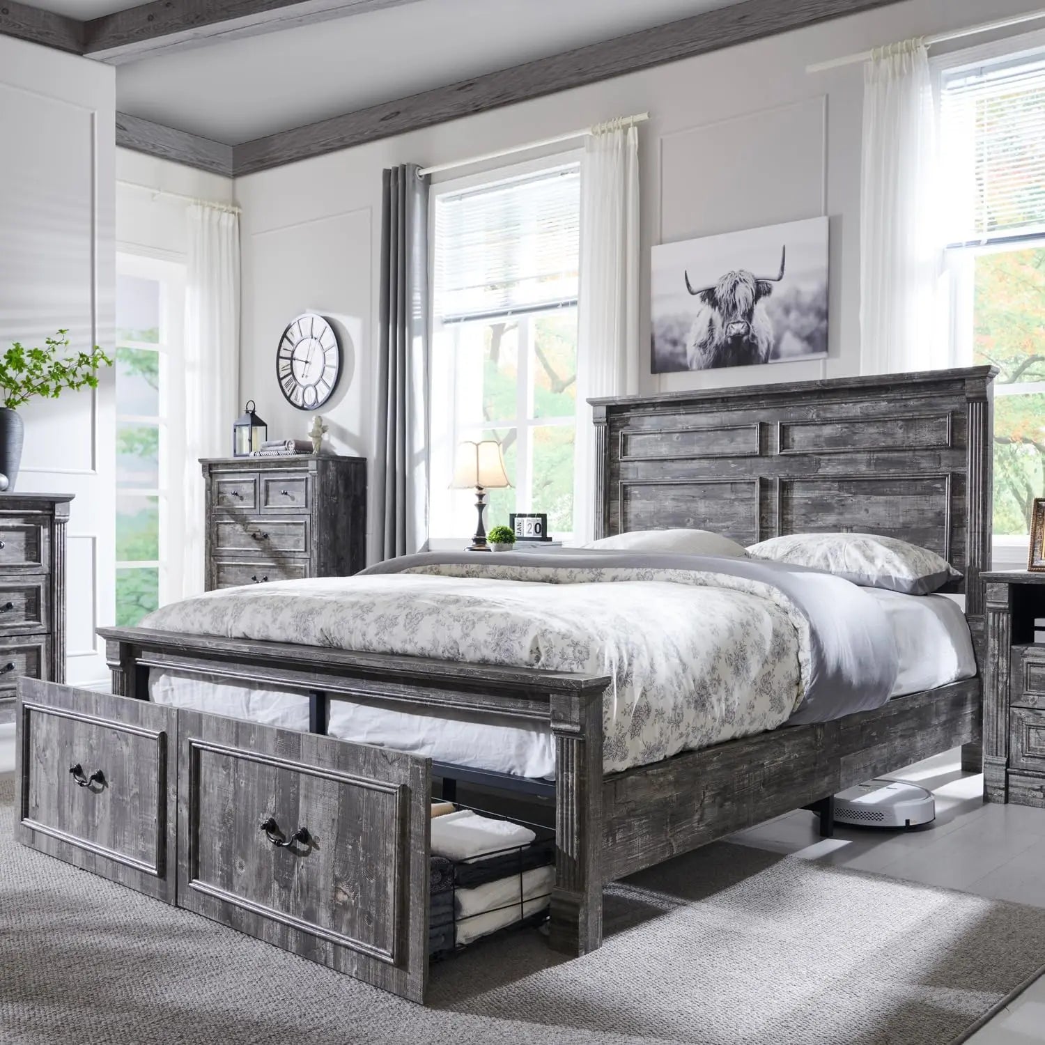 Cadre de lit queen size Farmhouse, avec tête de lit de 51 po de hauteur, cadre de lit en bois avec pied de lit de 20 po de hauteur et 2 grands tiroirs de rangement