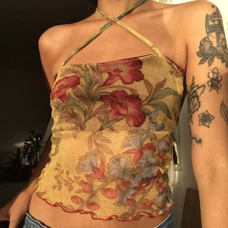 Haut court en maille transparente pour femmes, licou croisé à volants, sueurs féminins, vêtements de fête d'été, Y2K, Précieux, Vintage, Y-E-Girls