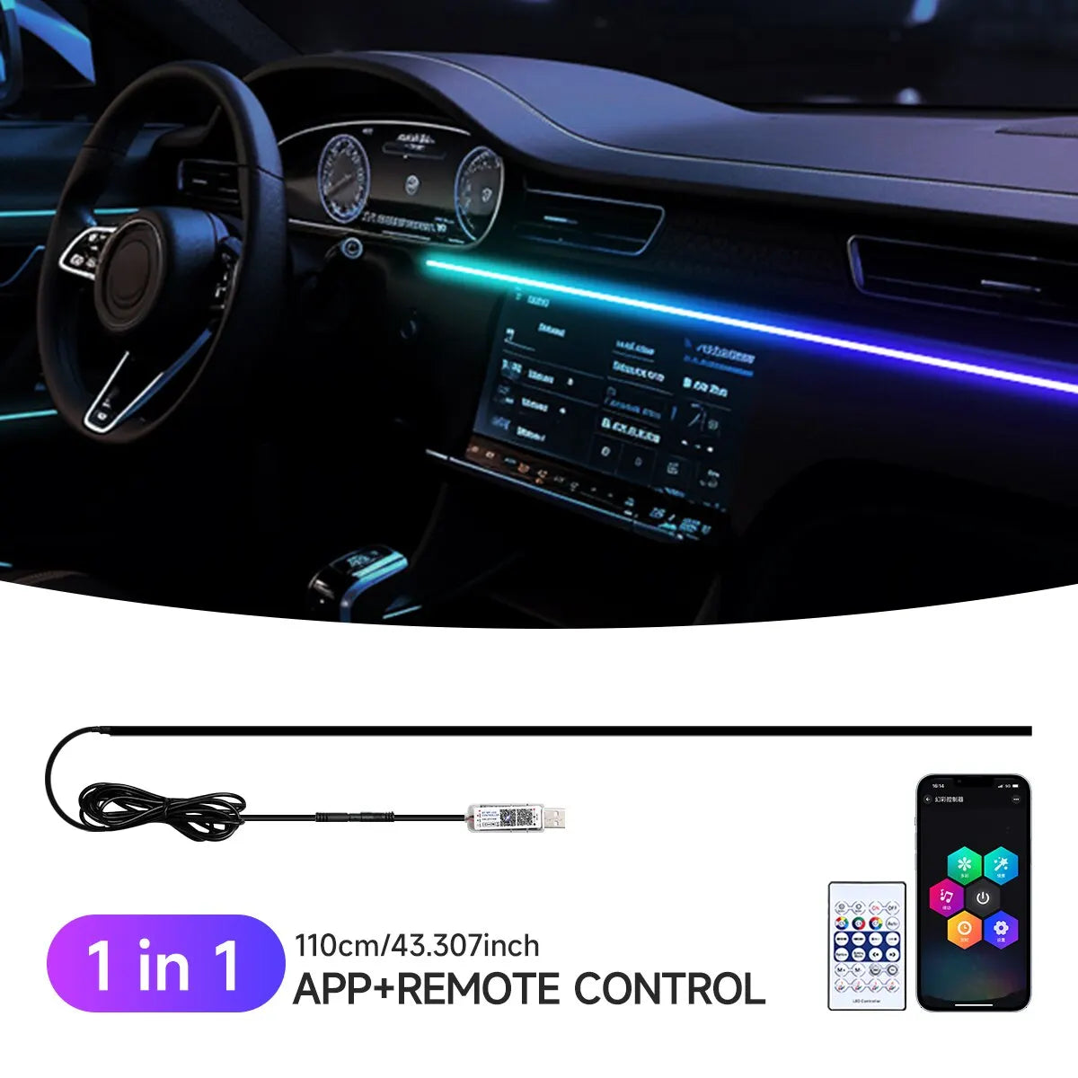 Lumière ambiante LED USB pour voiture, bandes acryliques 64 couleurs, RVB pleine couleur, intérieur de voiture, application cachée, télécommande, lampe de escale, 110cm