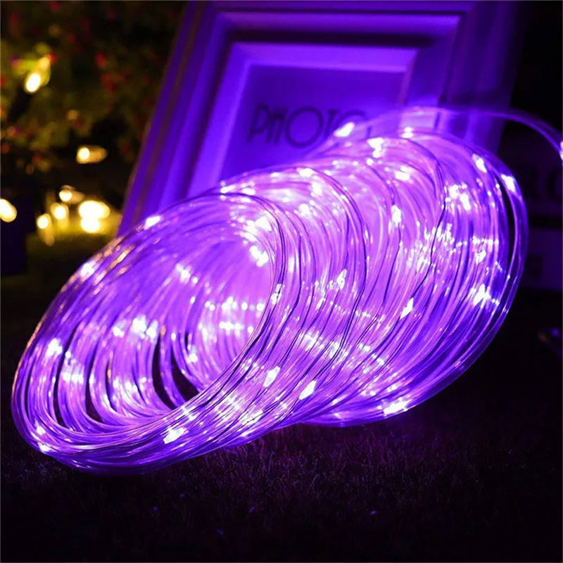 Solar string lights, outdoor tube rope lights, waterproof tube lights for outdoor home, garden, parties, and decorations. LED outdoor lights.
