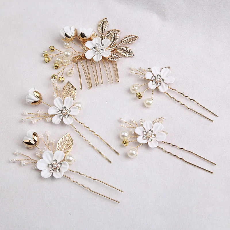 5 pièces/ensemble accessoires de cheveux de mariée pour femmes fleur perle casque diadème Barrette de mariage pince épingles à cheveux mariée peignes ornement