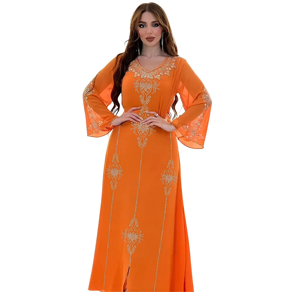 Eid Jalabiya - Women's Muslim Evening Dress, Diamond Lace-Up Arabic Abayas, Long Dresses, Elegant Dress, Educational Dress for Ramadan