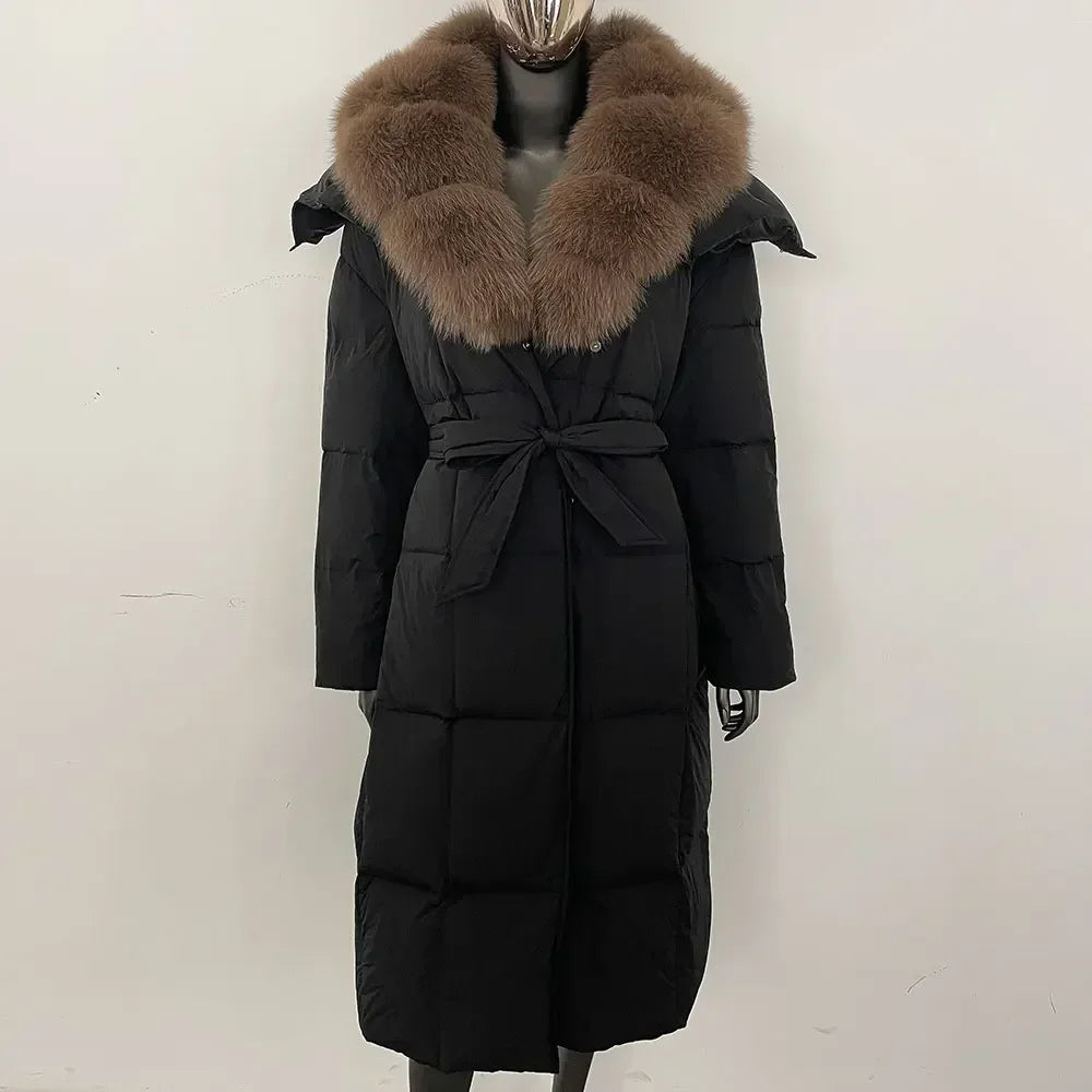 Veste d'hiver chaude et élégante pour femme, avec ceinture à capuche, simple boutonnage, col en vraie fourrure de renard, manteau épais et ample en duvet de canard blanc