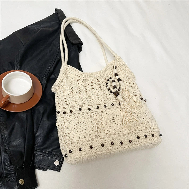 Sac à main tissé de grande capacité, sac à bandoulière ajouré, fourre-tout en Crochet, fourre-tout bohème tissé pour femmes, sacs de Shopping tricotés