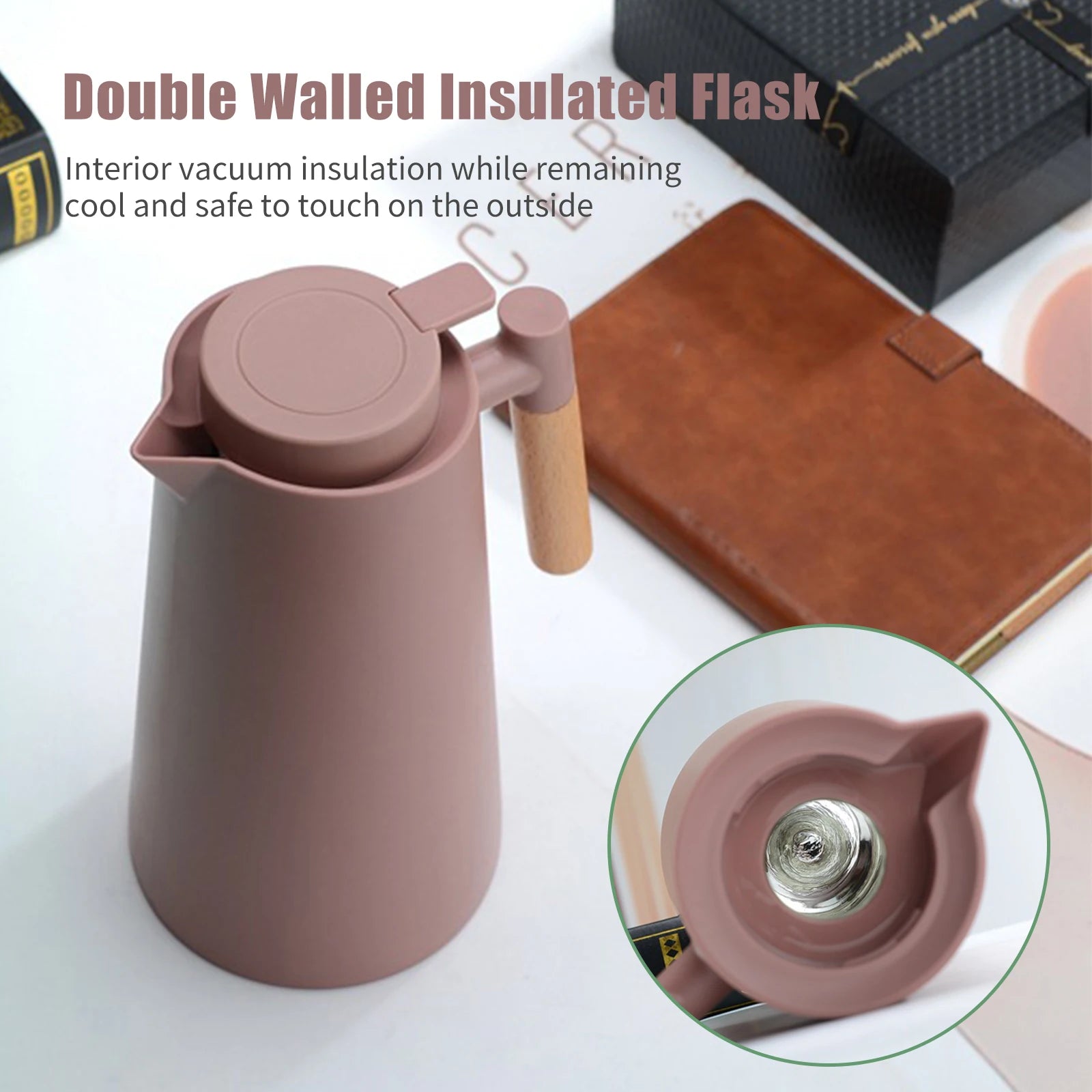 Carafe à café thermique sous vide à double paroi, pot thermos avec poignée en bois, bouilloire isolée, garde au chaud et au froid, 1L
