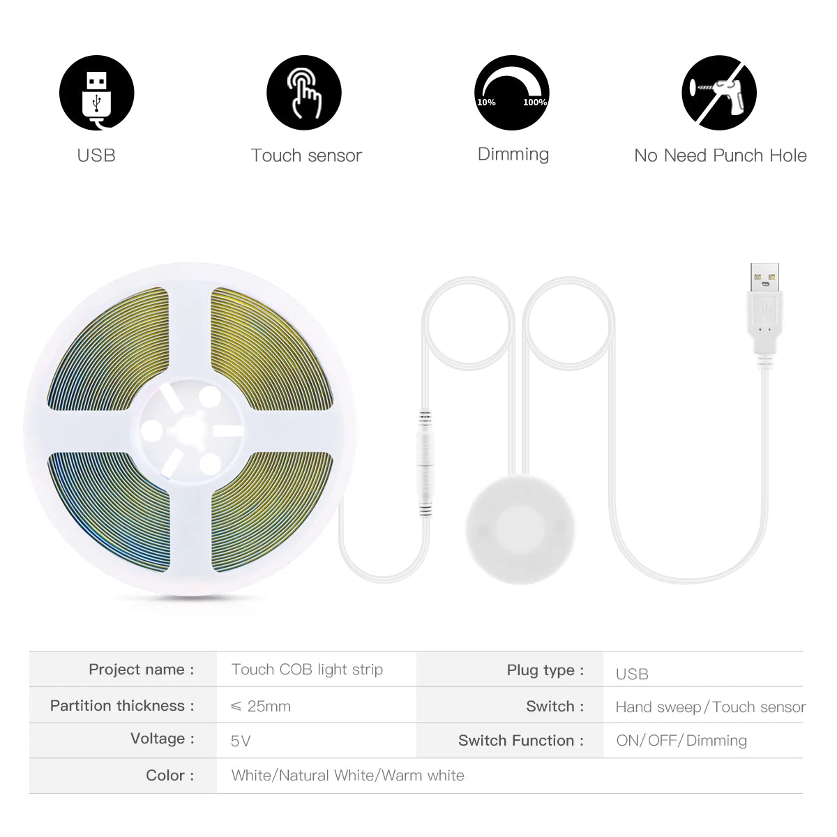 5V USB COB LED strip light, with manual scanning motion sensor and touch dimming switch, 1M-5M LED strip light, kitchen and bedroom lighting