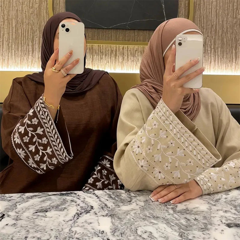 Abaya islamique brodé de fleurs pour femmes, Chic avec ceinture gratuite, Robes Maxi musulmanes de haute qualité, vêtements islamiques élégants Eid Ramadan