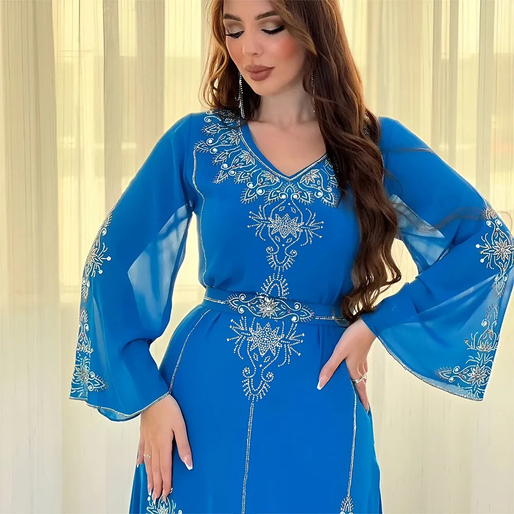Eid Jalabiya - Women's Muslim Evening Dress, Diamond Lace-Up Arabic Abayas, Long Dresses, Elegant Dress, Educational Dress for Ramadan
