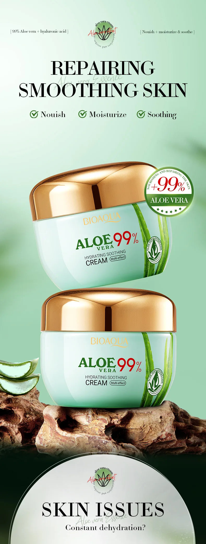 2 pièces/kit BIOAQUA Aloe Vera ensembles de soins de la peau crème pour les yeux du visage hydratant raffermissant crèmes à l'aloe vera ensemble de soins de la peau du visage
