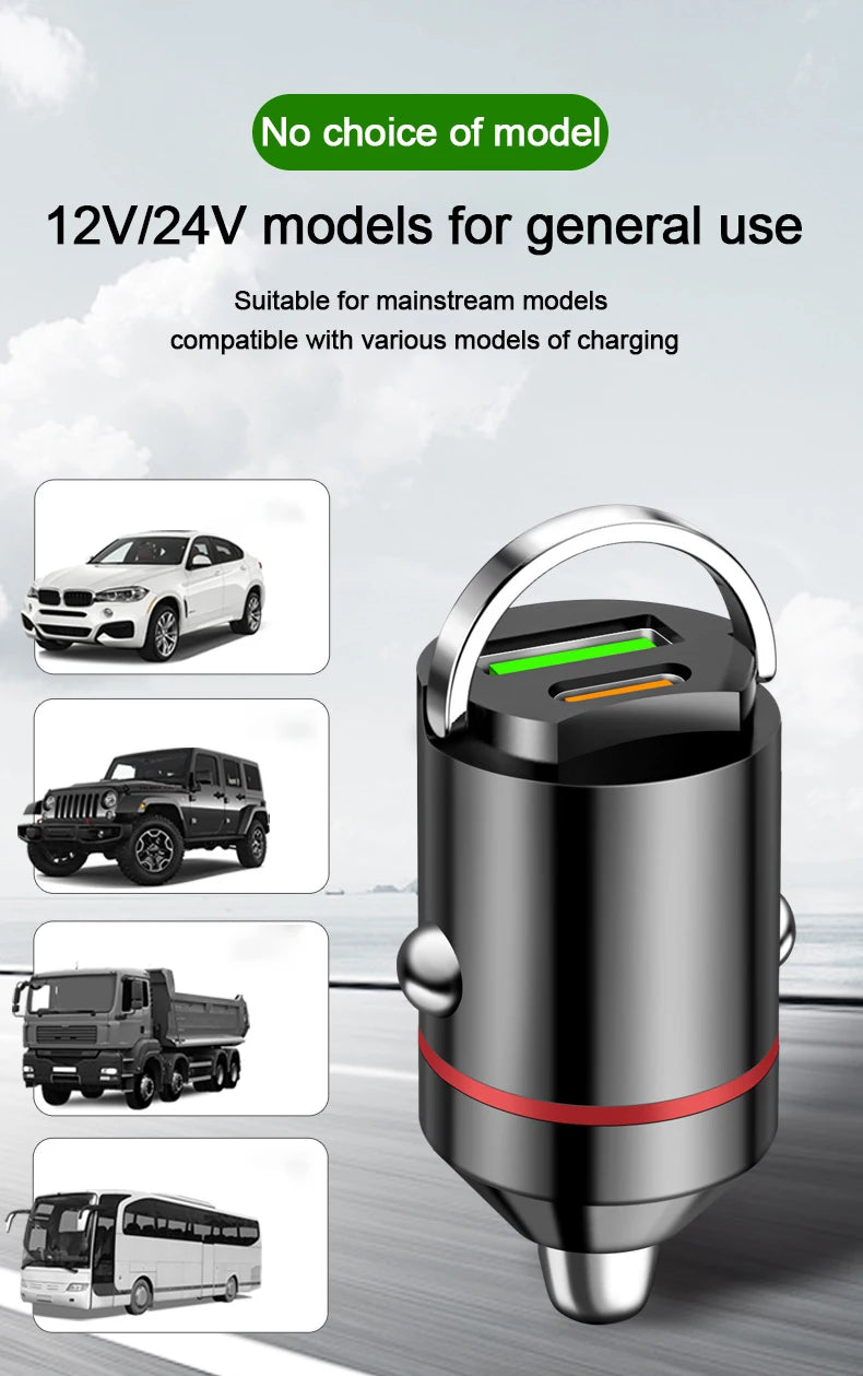 Smart car charger with mini rib ring, USB + PD port, GNE charger, PD30W