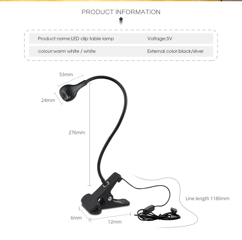 Lampe de bureau à clipser LED 360 ° Table de lecture à col de cygne Flexible, lumière de lecture pour étude, soins des yeux, pince USB, livres, éclairage nocturne