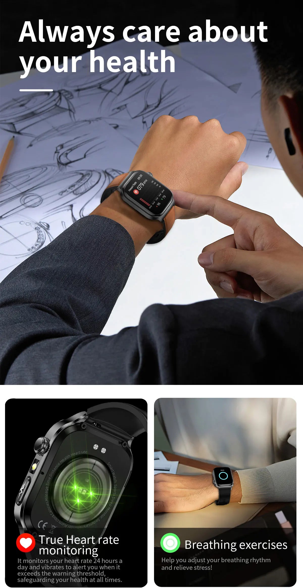 2025 nouvelle montre intelligente 2.04 pouces écran acide urique lipides sanguins composition corporelle cinq détecteurs 650mAh sport HD appel montre intelligente