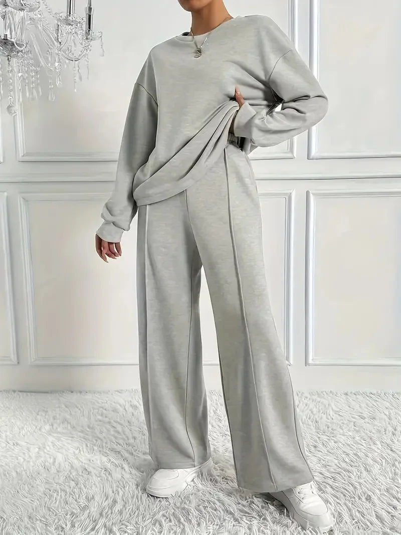 Ensemble deux pièces pour femmes, décontracté, col rond, manches longues, sweat-shirt, pantalon à jambes larges, costumes automne hiver, mode dames, tenue de bureau