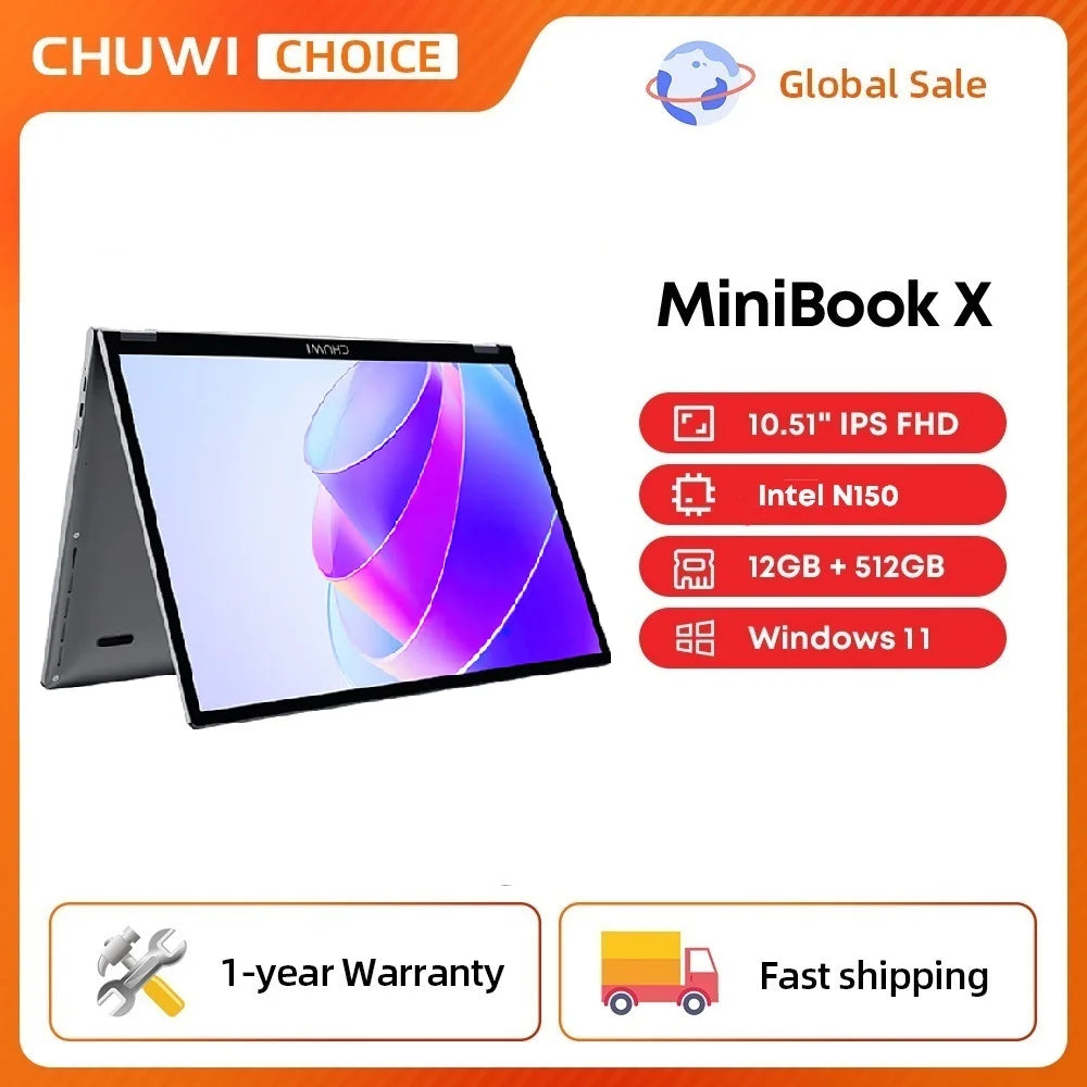 CHUWI MiniBook X N150 10.51-inch Laptop, 16GB/12GB RAM, 512GB SSD, 2-in-1 Yoga Mode, Intel Windows 11, 360° Foldable Design, WiFi 6