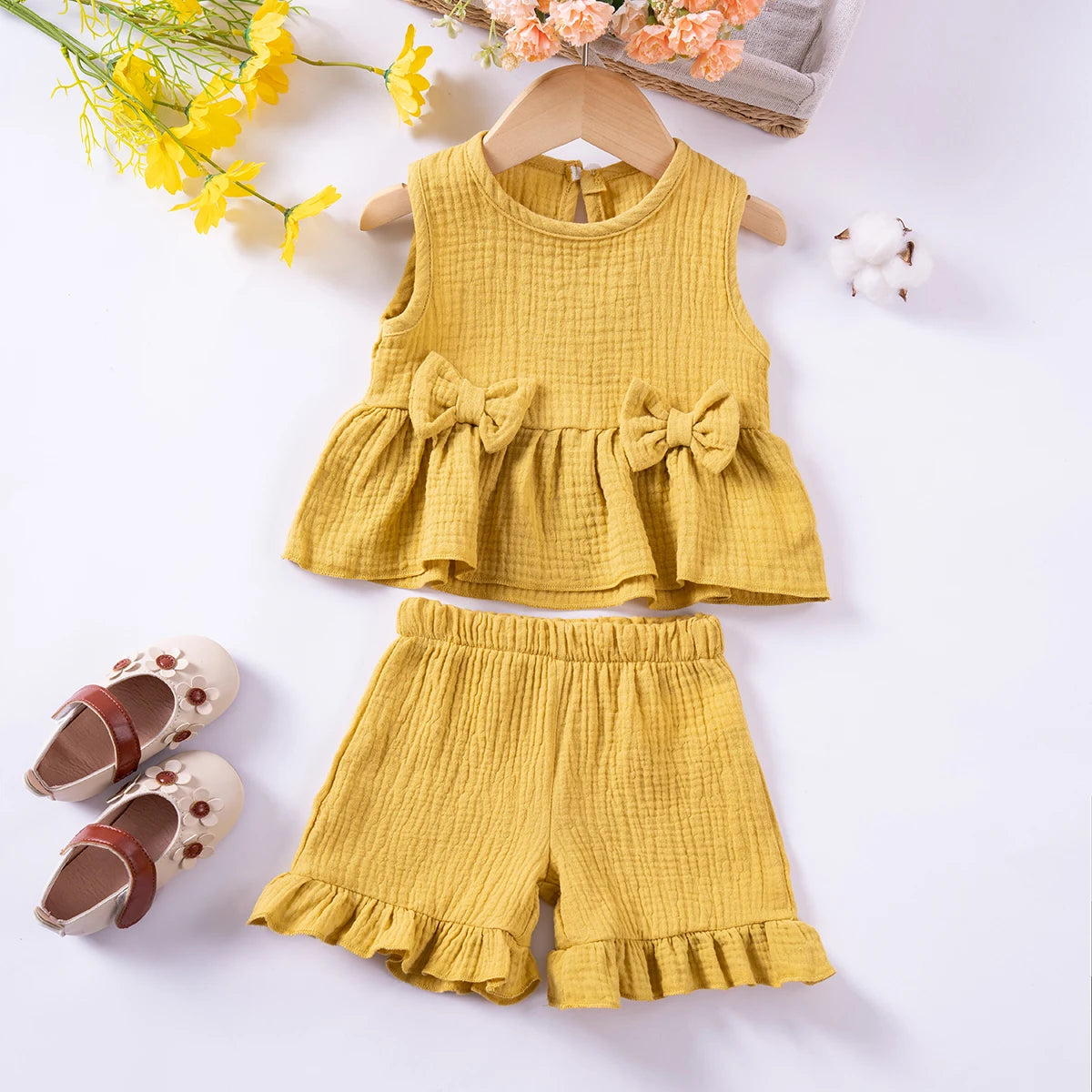 Costumes en mousseline de coton pour petites filles, couleur unie, gilet + short, ensemble de vêtements 2 pièces, sans manches, mignons et décontractés, tenues pour bébés filles
