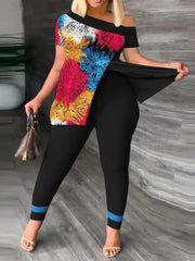 Women's Printed 2 Piece Set, Irregular Slanted Collar Split Top Short Sleeve Long Pants Colorful Outfit Fashion Women Pant Suit