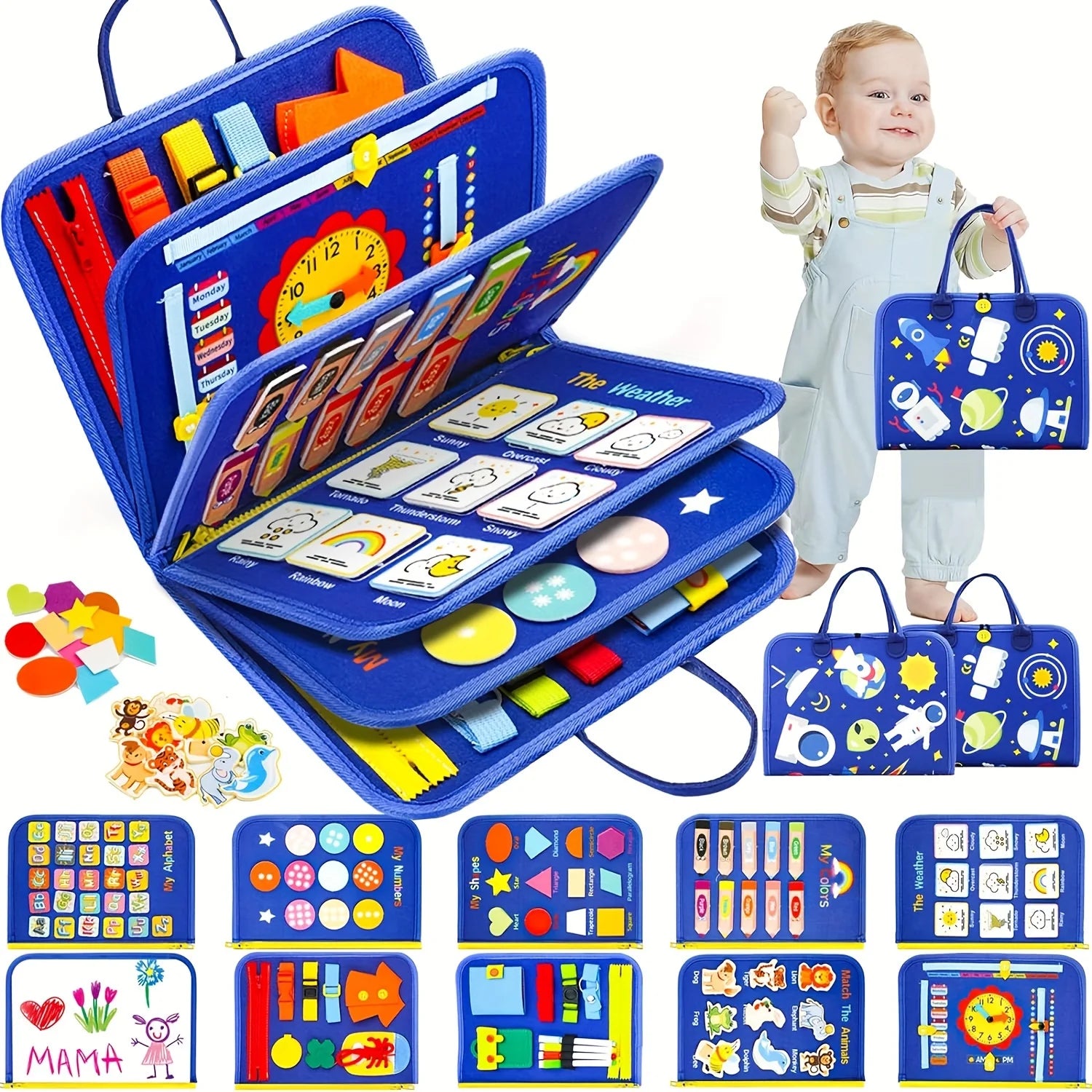 Planche occupée Montessori pour tout-petits, jouet sensoriel, activité de motricité Fine, voyage, apprentissage, cadeau pour garçons et filles, Polyester bleu
